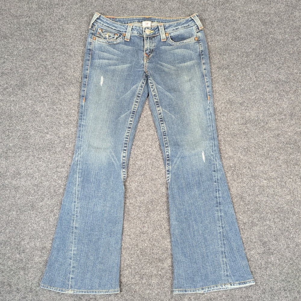 True Religion Joey Flare Jeans Women 31 Blue Wash Lowrise Distressed Made in USA